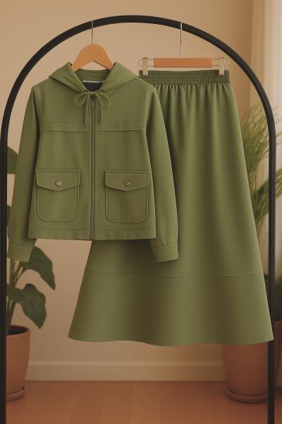 Fermuarlı oval cepli  kapşonlu ettekli takım Yeşil TCN40133