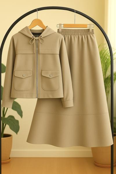 Fermuarlı oval cepli  kapşonlu ettekli takım Vizon TCN40133