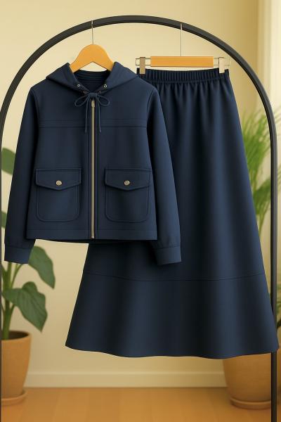 Fermuarlı oval cepli  kapşonlu ettekli takım İndigo TCN40133