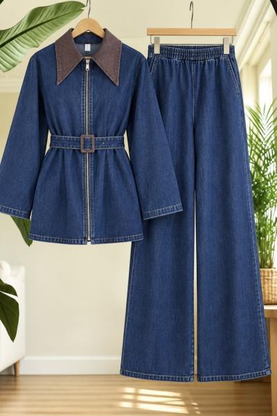 Fermuarlı  Kemerli  Kot Pantolon Takım Lacivert HT2715