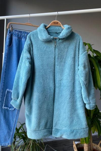 Fermuarlı cepli peluş mont neftiyeşil TCN1291