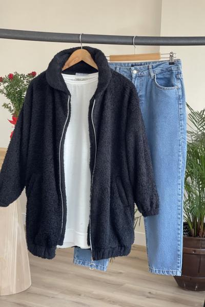 Fermuarlı cepli pelüş mont Siyah HBS3034