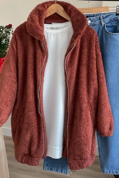 Fermuarlı cepli pelüş mont tarçın HBS3034