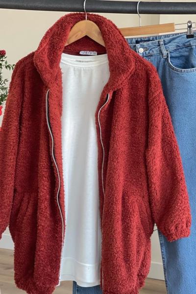 Fermuarlı cepli pelüş mont kremit HBS3034