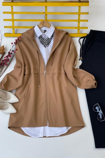 Fermuarlı kapşonlu cepli Kap camel SLT30123