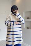 Fermuarlı çizgili triko tunik Mavi SLT30153