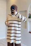 Fermuarlı çizgili triko tunik kahve  SLT30153