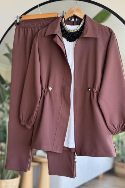 Fermuarlı Bel Büzgülü Takım Kahve SLT30327