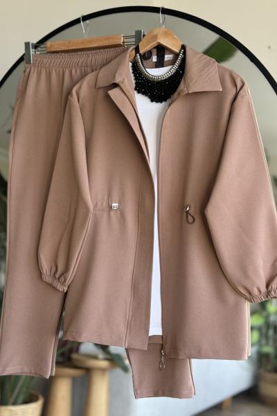 Fermuarlı Bel Büzgülü Takım Bej SLT30327