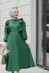 Fırfır detaylı Tricoton Elbise Zümrüt Hnz744