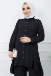 Fırfır detaylı Ayrobin Kumaş Takım Siyah GLN967