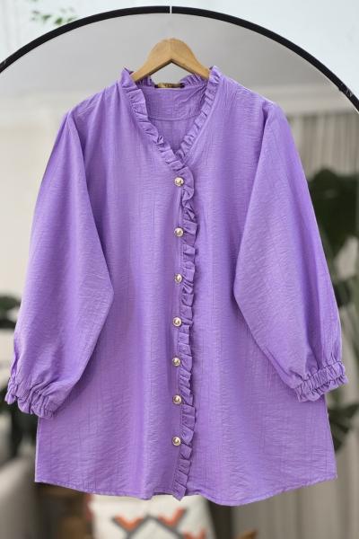 Fırfırlı V yaka metal düğmeli tunik Lila TCN40102