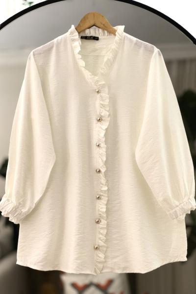 Fırfırlı V yaka metal düğmeli tunik Beyaz TCN40102