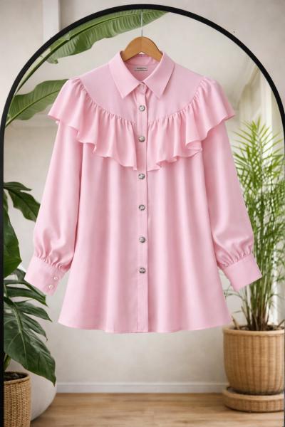 Fırfırlı Pelerin Tunik Gömlek pembe TCN40160