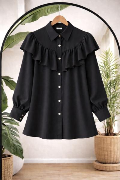 Fırfırlı Pelerin Tunik Gömlek Siyah TCN40160