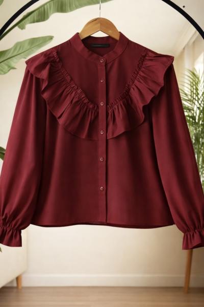 Fırfırlı Kısa gömlek Bordo  SLT8094