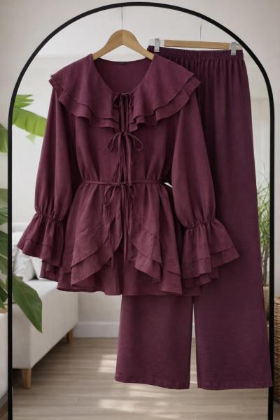 Fırfırlı Kuşaklı Kimono Takım  Mürdüm YN80102