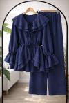 Fırfırlı Kuşaklı Kimono Takım Lacivert YN80102