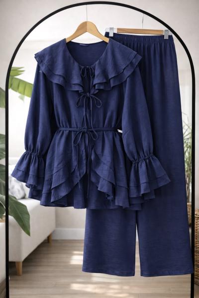 Fırfırlı Kuşaklı Kimono Takım Lacivert YN80102