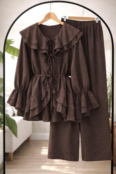 Fırfırlı Kuşaklı Kimono Takım Kahverengi YN80102