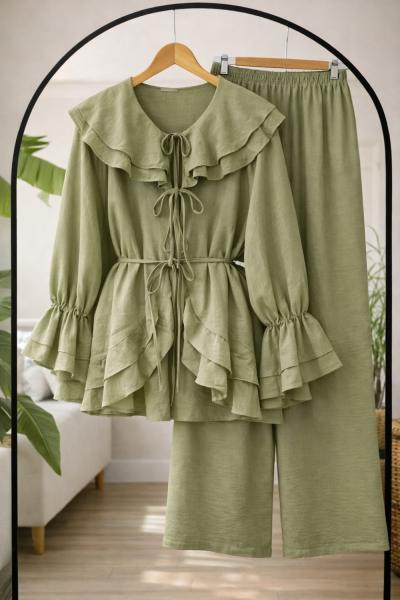 Fırfırlı Kuşaklı Kimono Takım Yeşil YN80102