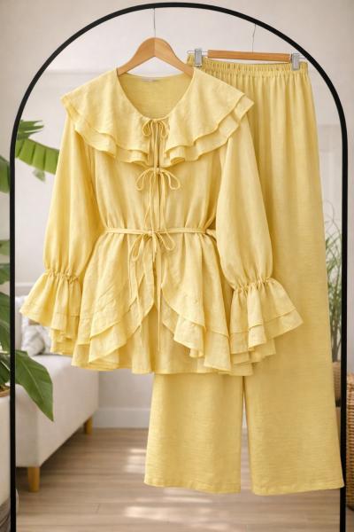 Fırfırlı Kuşaklı Kimono Takım Sarı YN80102