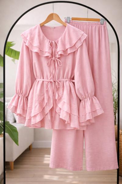 Fırfırlı Kuşaklı Kimono Takım Pembe YN80102