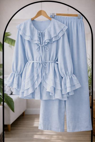 Fırfırlı Kuşaklı Kimono Takım Mavi YN80102