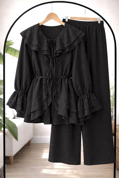 Fırfırlı Kuşaklı Kimono Takım siyah YN80102