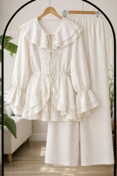 Fırfırlı Kuşaklı Kimono Takım ekru YN80102