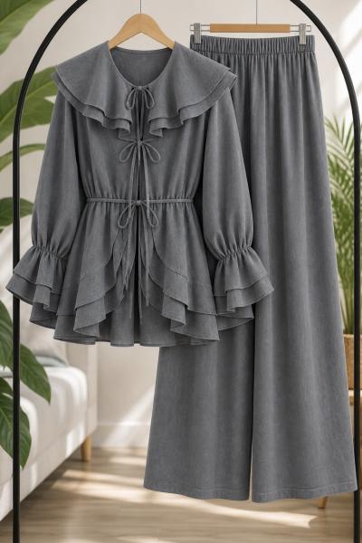 Fırfırlı Kuşaklı Kimono Takım antrasit YN80102