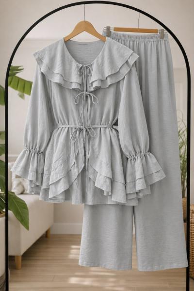 Fırfırlı Kuşaklı Kimono Takım Gri  YN80102
