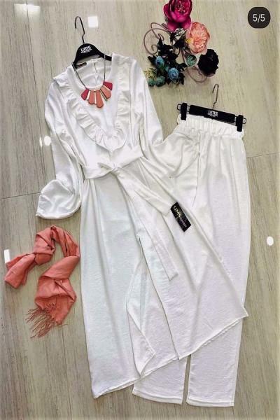 Fırfırlı Ayrobin kumaş takım  beyaz  Ums 720