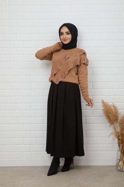 Fırfırlı Triko Kazak Camel  NFS7177