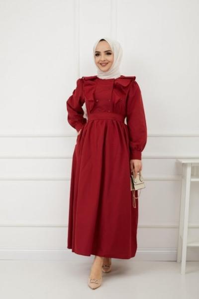 Fırfırlı Cepli Elbise Bordo SHR894