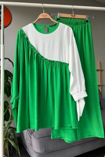 Fırfırlı keten takım yeşil  TCN4043