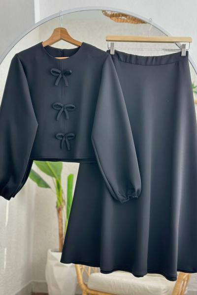 Fiyonklu Scuba Etek Blüz takım  Siyah SLT30354