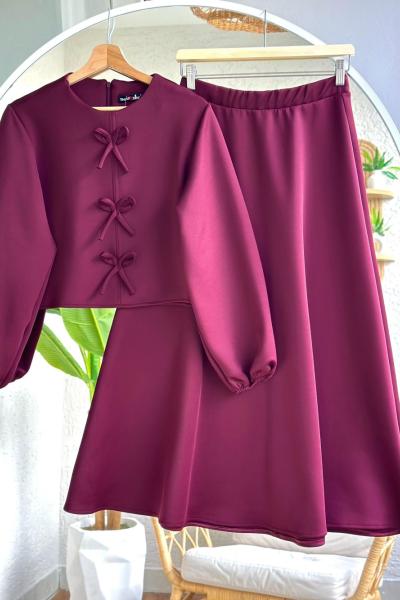 Fiyonklu Scuba Etek Blüz takım  Bordo  SLT30354