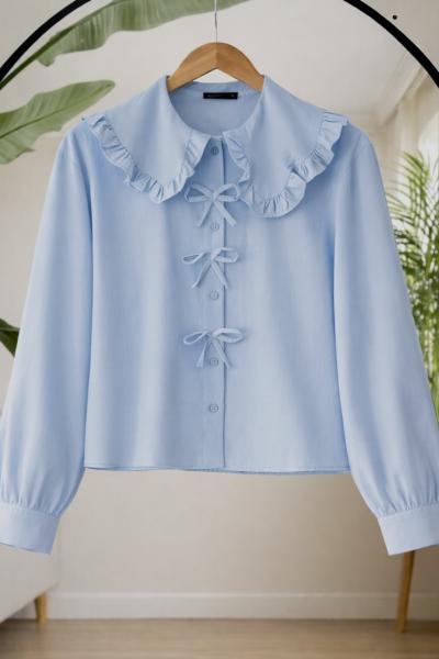 Fiyonklu yaka fırfırlı etek üstü kısa Gömlek Mavi SL30358