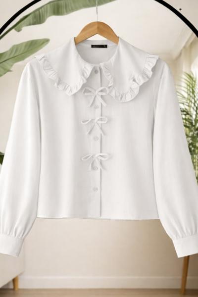 Fiyonklu yaka fırfırlı etek üstü kısa Gömlek Beyaz SL30358