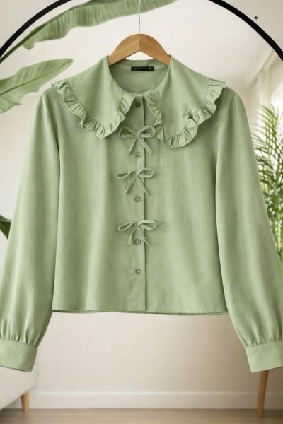 Fiyonklu yaka fırfırlı etek üstü kısa Gömlek Yeşil SL30358
