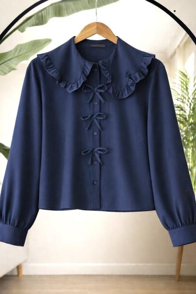 Fiyonklu yaka fırfırlı etek üstü kısa Gömlek Lacivert SL30358