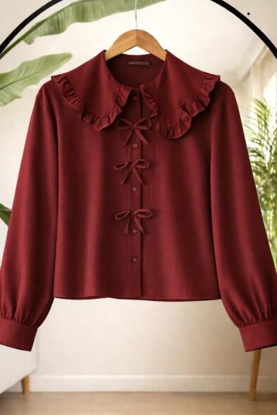 Fiyonklu yaka fırfırlı etek üstü kısa Gömlek Bordo SL30358
