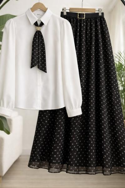 Fülarlı Gömlek şifon Etek Takım siyah UMS 50348