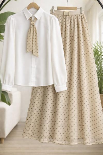 Fülarlı Gömlek şifon Etek Takım Bej UMS 50348