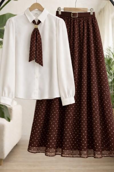 Fülarlı Gömlek şifon Etek Takım Bordo  UMS 50348