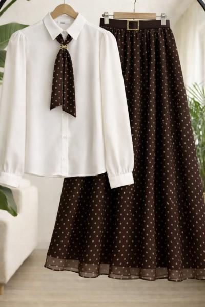 Fülarlı Gömlek şifon Etek Takım Kahverengi UMS 50348