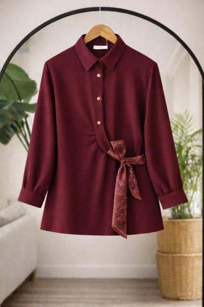 Fularlı Gömlek Tunik Bordo DS2064