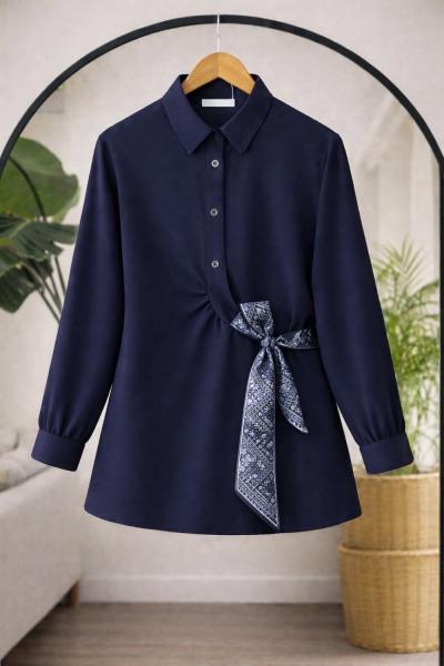 Fularlı Gömlek Tunik Lacivert DS2064