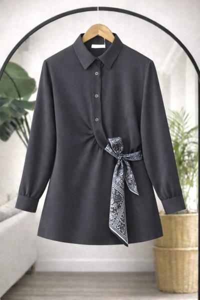 Fularlı Gömlek Tunik Antrasit  DS2064